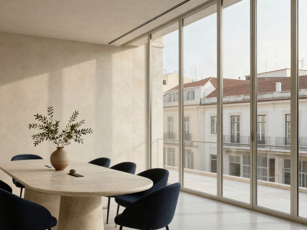 Light-filled strategy meeting room overlooking Lisbon's traditional architecture